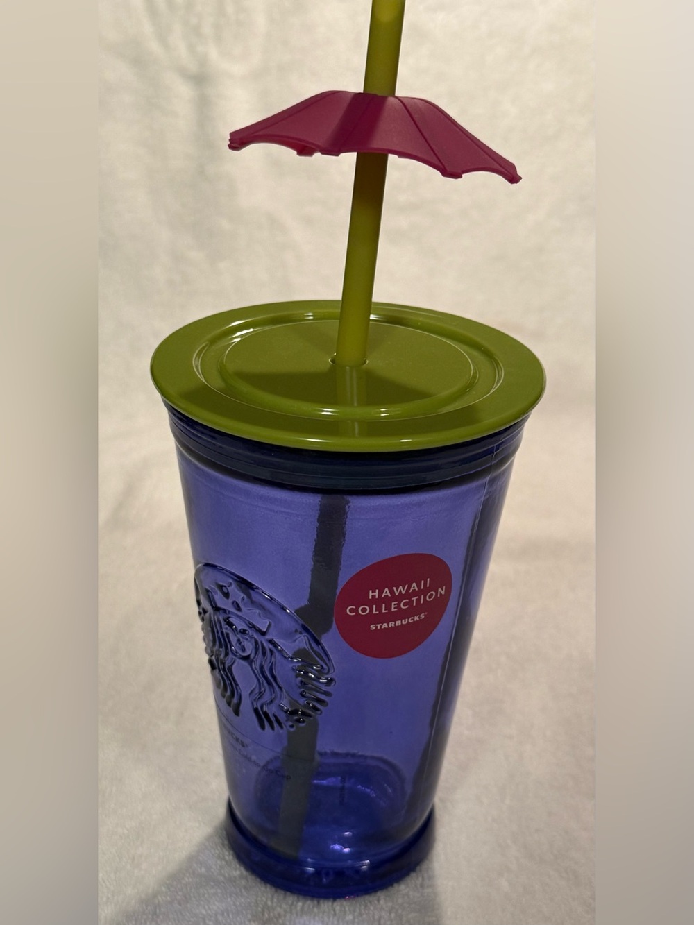 Starbucks Hawaii Collection Glass Purple Tumbler Green Lid & Pink Umbrella Straw